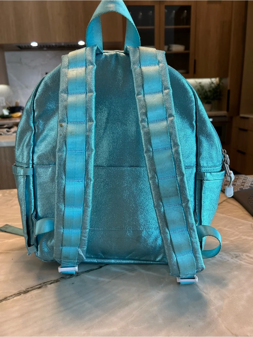 STATE Teal Shimmery Backpack with Pink Cloud Motif